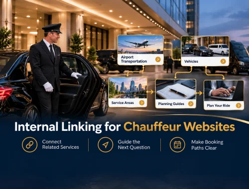 Chauffeur website internal linking visual showing connected service, vehicle, service area, planning and booking information