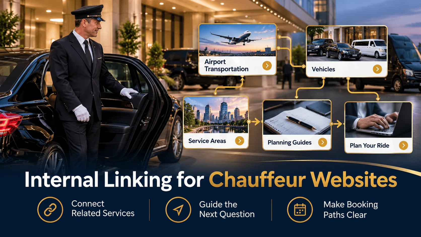 Internal Linking for Chauffeur Websites connecting airport transportation, vehicles, service areas, planning guides and booking pages