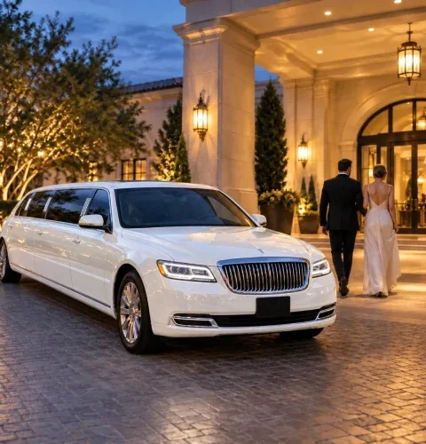 White stretch limousine for wedding transportation